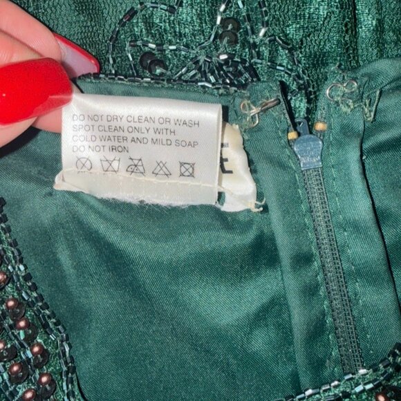 Brilliante by J.A.Vintage Beaded & Sequins Dark Green Lace MidiScallop Hem Sz M - Picture 12 of 13